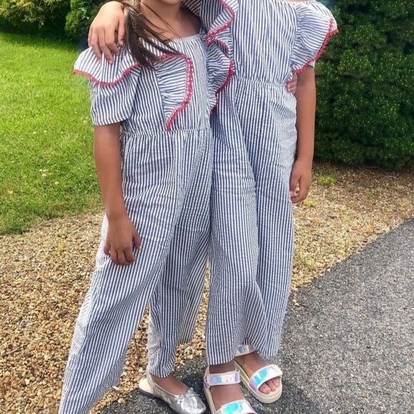 French Connection Ruffle Trim Seersucker Romper Size 6/7 - 4th of July l… - Picture 2 of 11